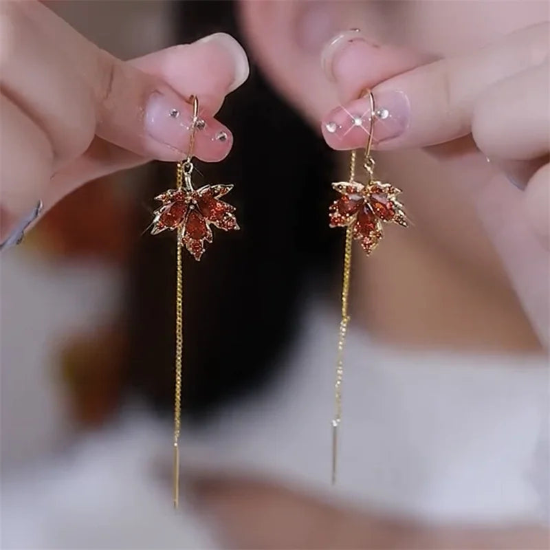 Vintage Crystal Zircon Maple Leaf Earrings for Women Party Jewelry Tassel Style