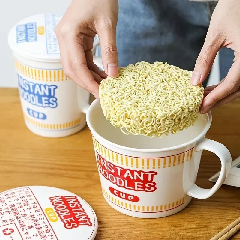 Large Capacity Ceramic Instant Noodle Bowl with Cover for Hot Meals - Multiple Colors
