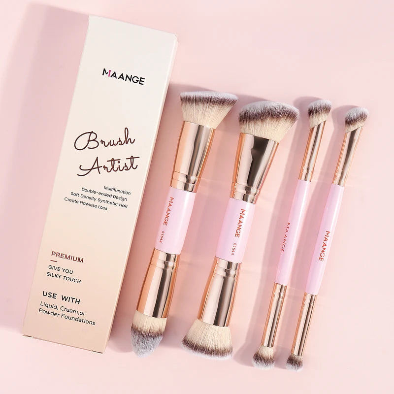4pcs Makeup Brush Set with Storage Box - Dual-Ended Foundation & Powder Brushes for Face & Eyes - Travel Friendly