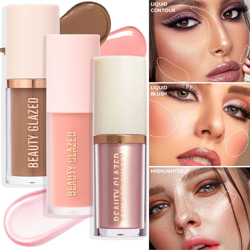3-Piece Liquid Makeup Set Contour Highlighter Blush Waterproof Long-Lasting Finish