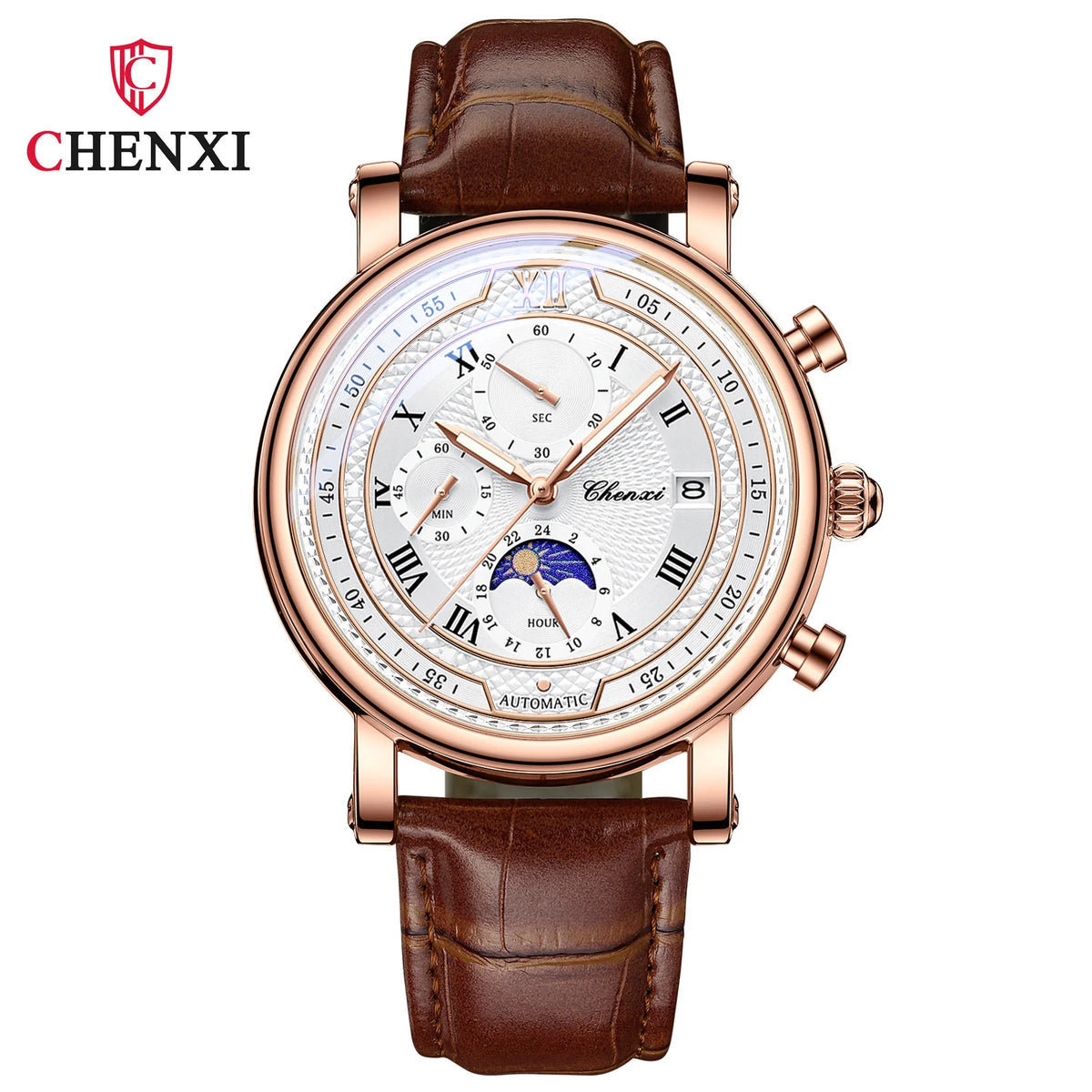 Men's Leather Chronograph Watch with Moon Phase and Luminous Quartz