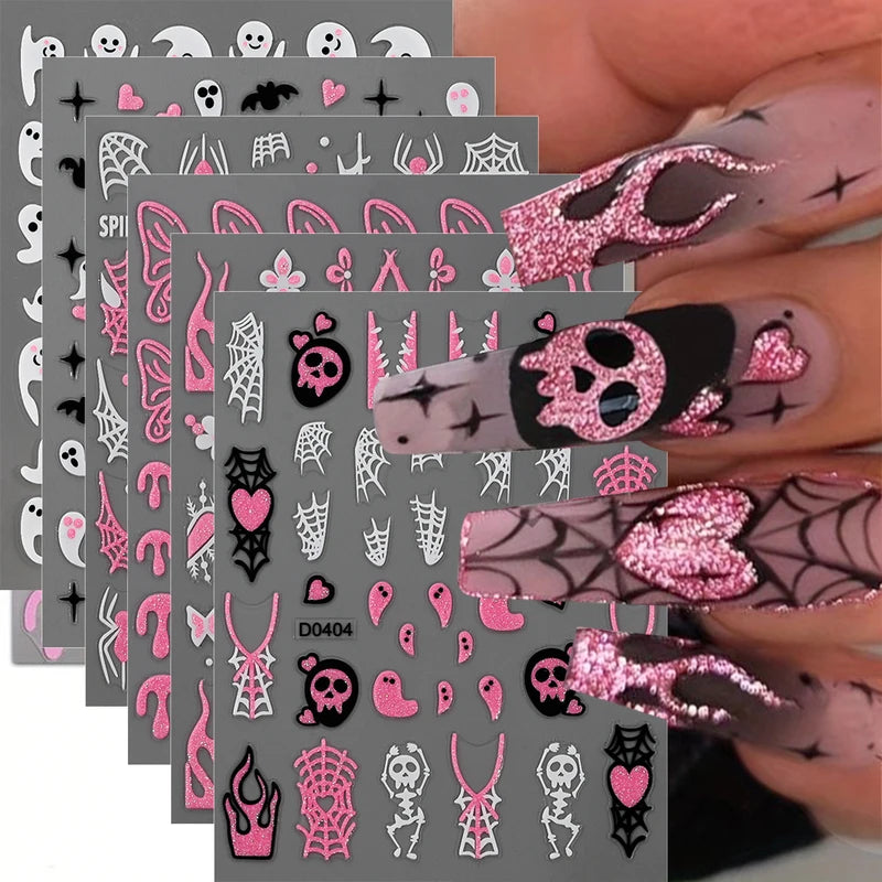 Halloween Skull Nail Stickers Glitter Powder 3D Nail Art Decals for Manicure