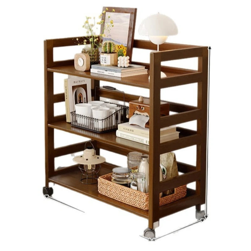 Solid Wood Mobile Storage Trolley Table - Living Room Kitchen Side Cabinet