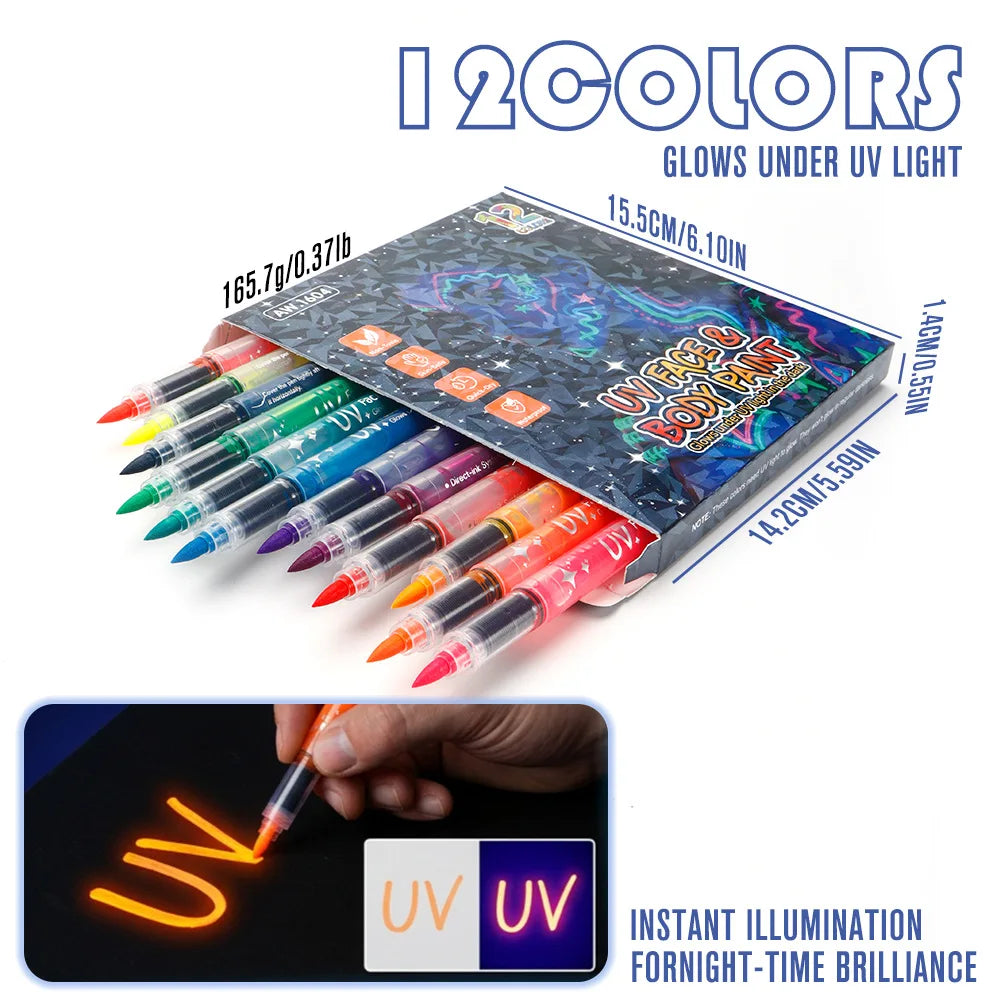 Glow in The Dark Face Paint Markers UV Neon Body Art Pens Waterproof Skin-Safe