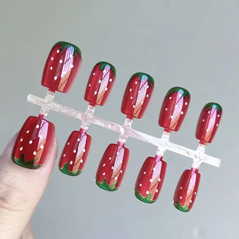 10pcs Short Fake Nails with Strawberry & Cat's Eye Design - Full Cover Press On Nails