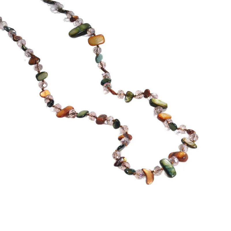 Bohemian Multicolor Natural Stone Shell Crystal Glass Beaded Necklace for Women - Long Strand Sweater Chain