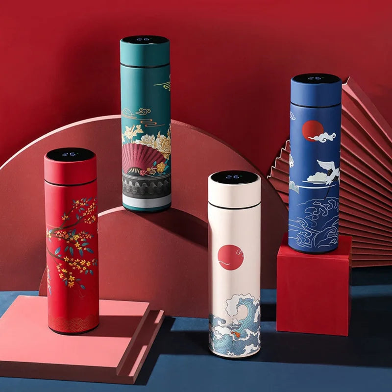 Chinese Style Insulated Water Bottle with Temperature Display - Retro Stainless Steel Flask for Hot & Cold Drinks