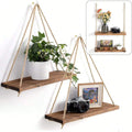 Wooden Floating Wall Shelf with Rope Hangings for Home Decor and Plant Display