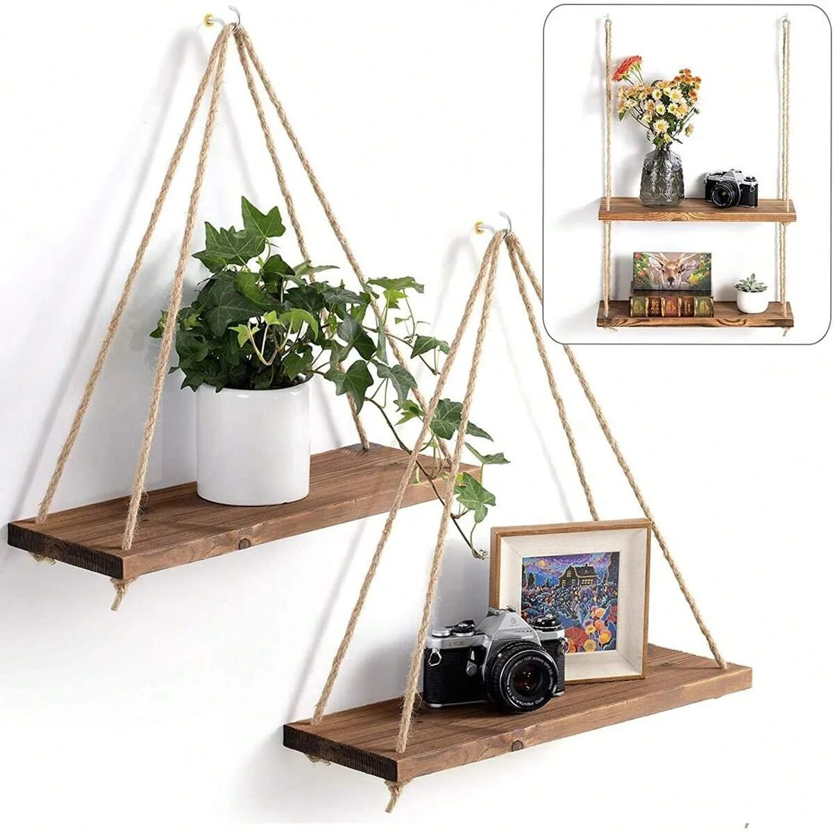 Wooden Floating Wall Shelf with Rope Hangings for Home Decor and Plant Display
