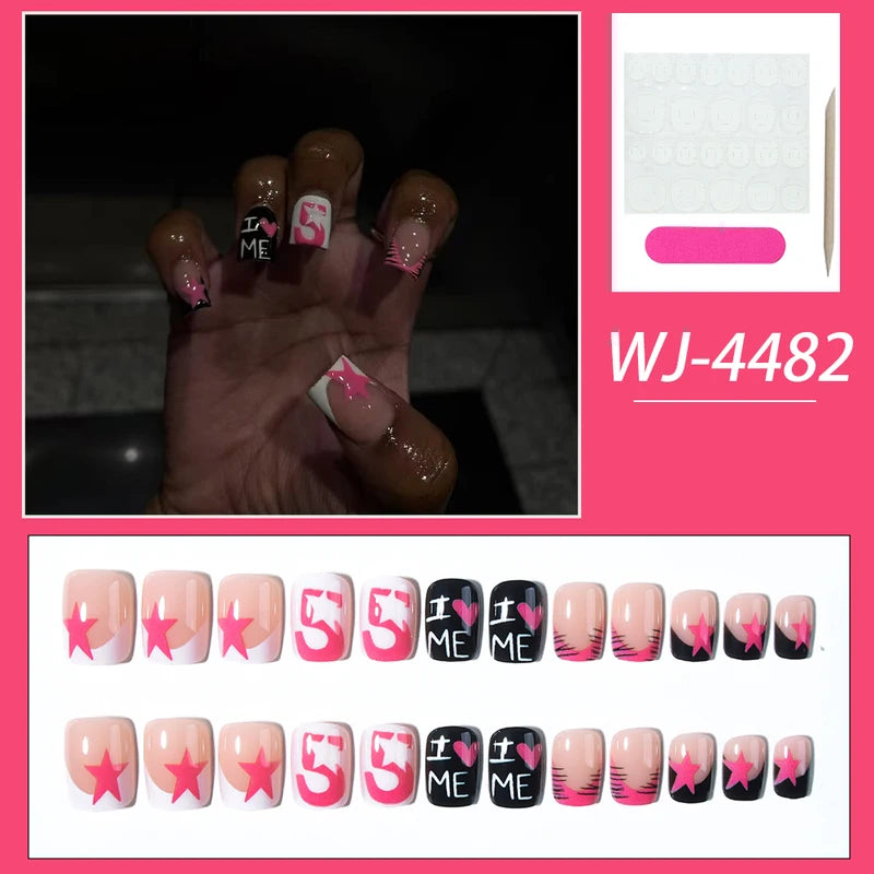 24 Pieces Leopard Print Nail Stickers - Short Square French Nail Art Sets with Heart, Star & Pattern Design