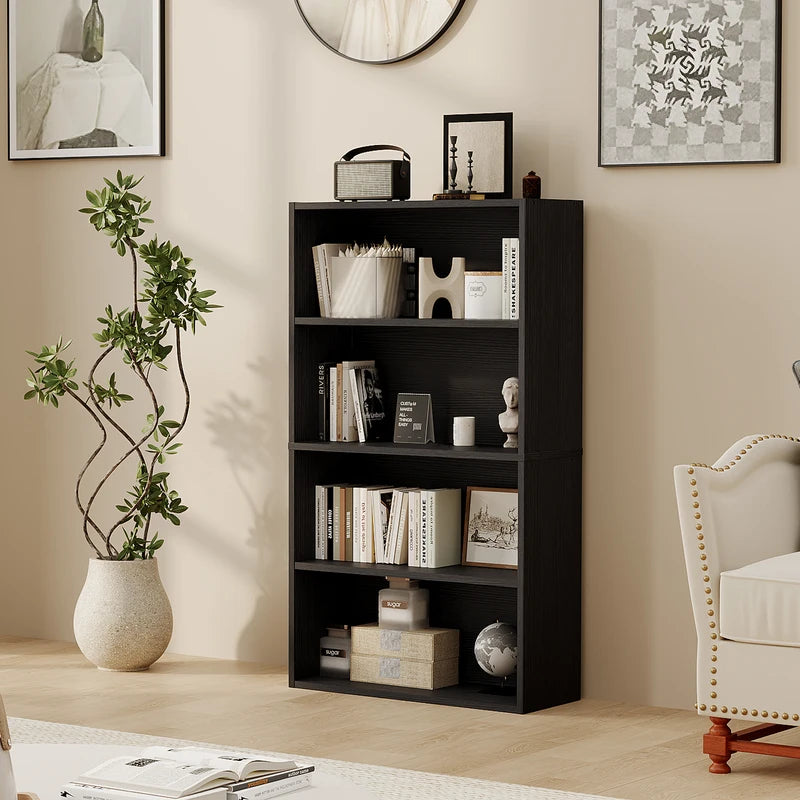 3-4 Tier Wooden Floor Shelf Bookcase Tall Standing Open Storage for Living Room and Home Office