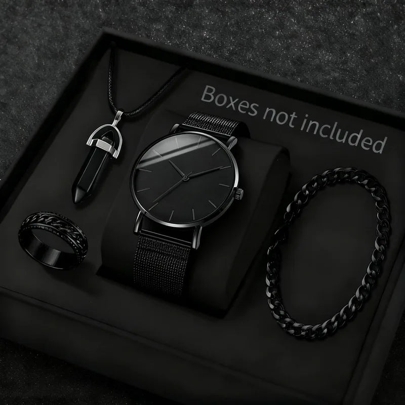 Men's Fashion Watch Jewelry Set - Quartz Wristwatch, Necklace, Bracelet & Ring, Multiple Colors