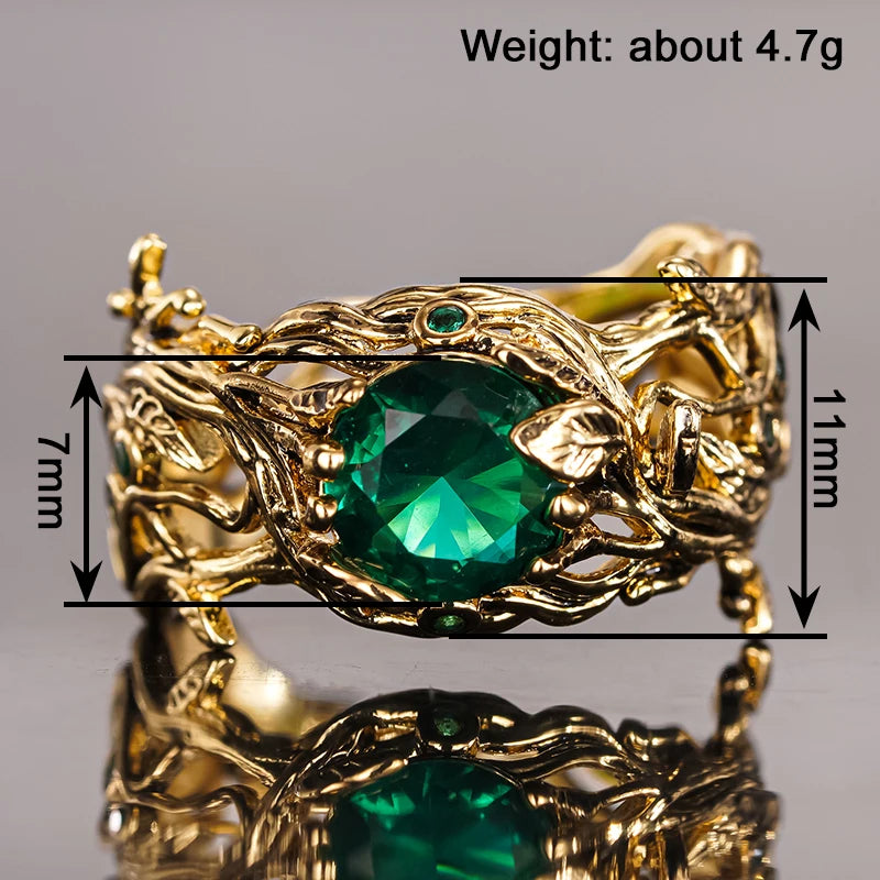 Elegant Leaf Design Gold Color Rings with Green Cubic Zirconia for Women