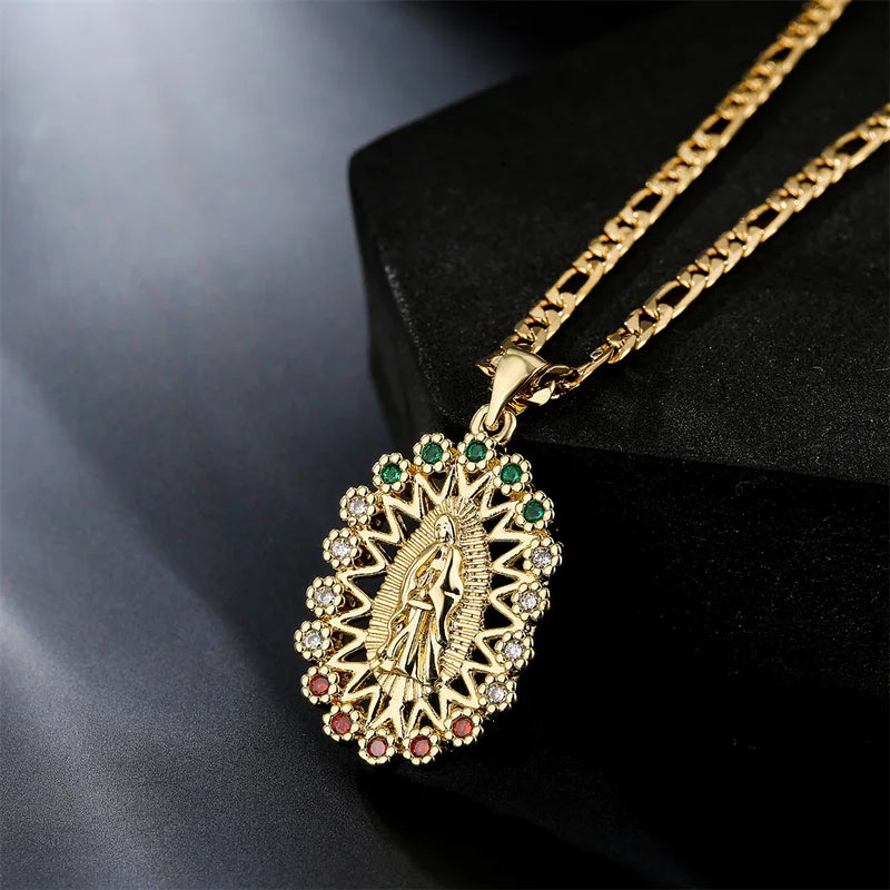 Stainless Steel Virgin Mary Necklace with CZ Stone - Gold Color Pendant for Men Women