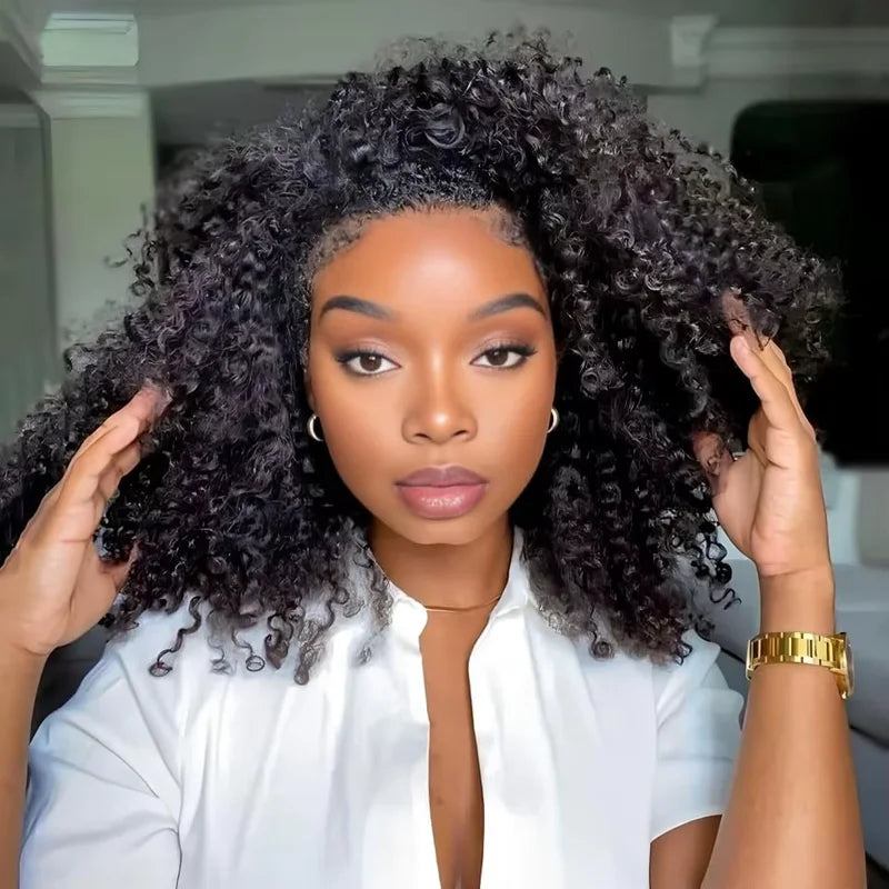 Kinky Curly Half Wig 3-in-1 Human Hair with Clip-Ins & Drawstring Seamless Style