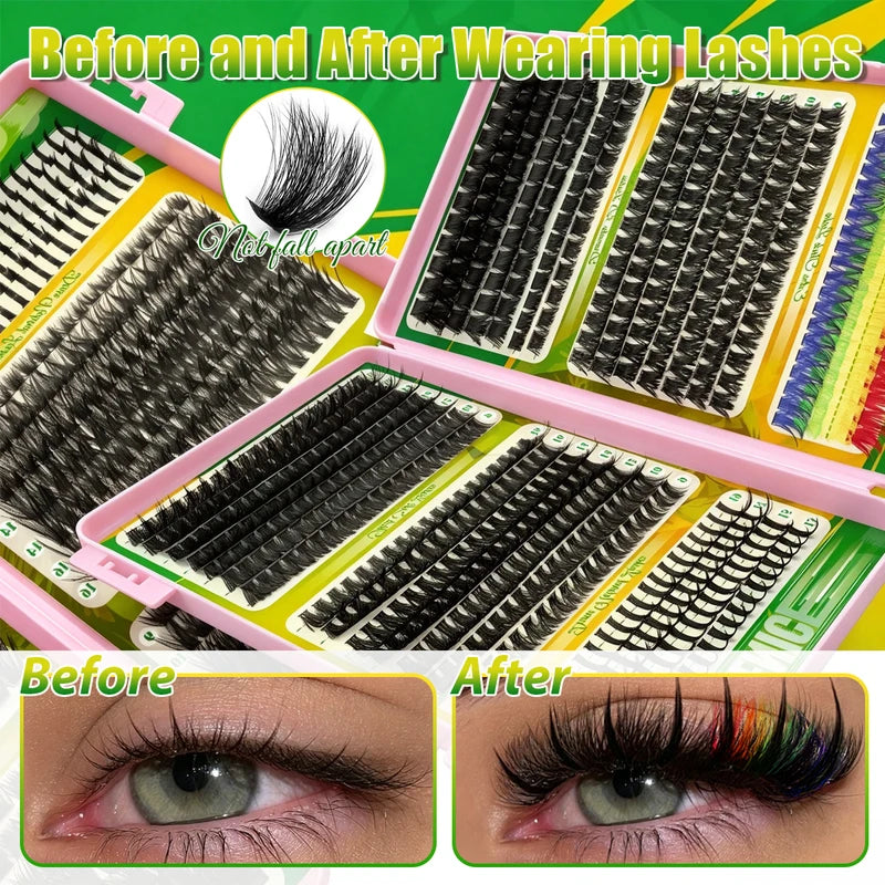 Colorful Eyelash Extension Clusters - Spiky Volume Lash Sets, 60D-150D Mix
