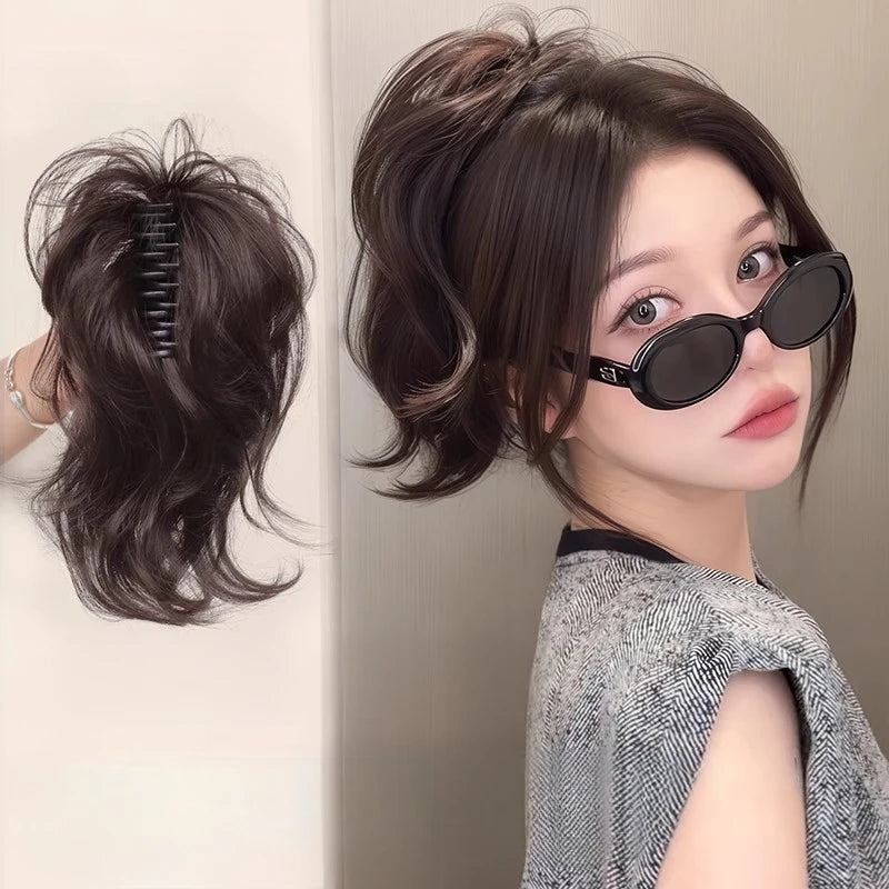 Short Curly Synthetic Claw Clip Ponytail Hair Extensions for Women High Top Bun