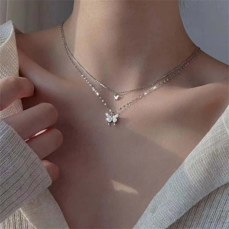 Shiny Butterfly Necklace for Women Double Layer Clavicle Chain Jewelry Gift