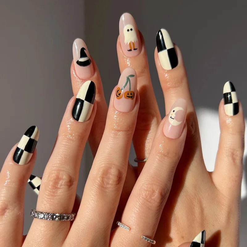 Halloween Fake Nail Set with Ghost Pumpkin Design - Almond Shape Press-On Nails