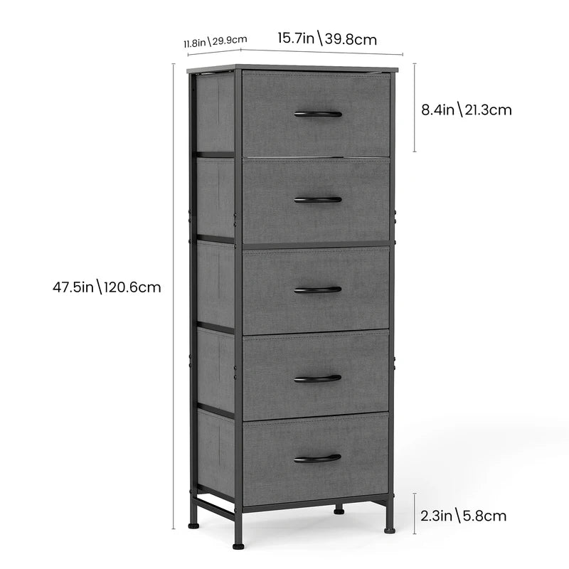 5-Drawer Fabric Storage Cabinet with Wooden Top - Tall Closet Organizer