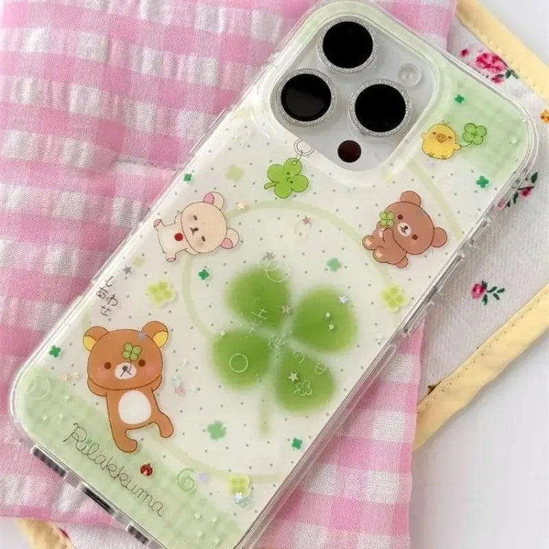 Cute Rilakkuma Four-Leaf Clover Phone Case - Protective Cover for iPhone 11-17 Pro Max