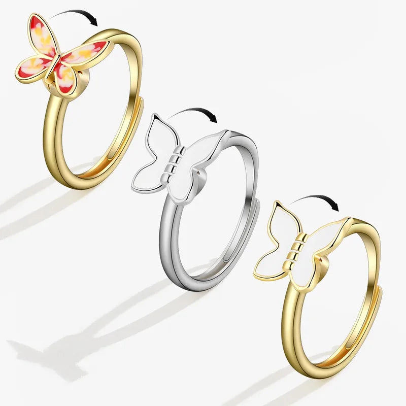 Adjustable Fidget Spinner Ring for Anxiety Relief Women Jewelry Crystal Flower Butterfly Animal Design