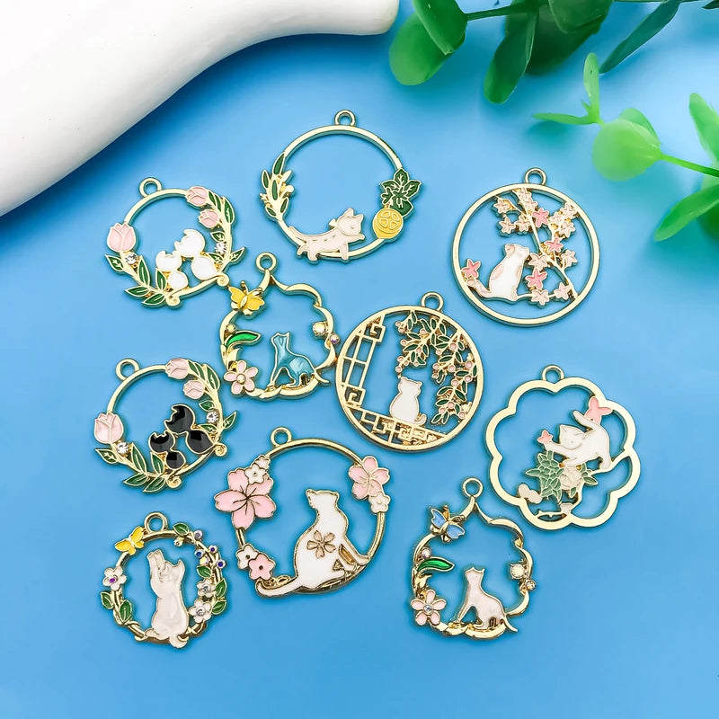 10pcs Alloy Pendant Set with Enamel Leaf and Cat Charms for DIY Jewelry Making