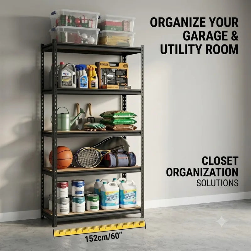 Heavy Duty 5-Tier Garage Shelving Unit - Space-Saving Metal Storage Rack with MDF Boards