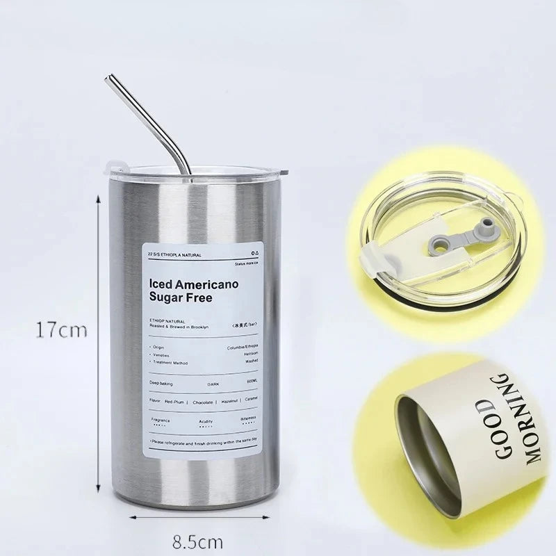 600ml Stainless Steel Insulated Travel Mug with Straw - Double-Layer Reusable Tumbler