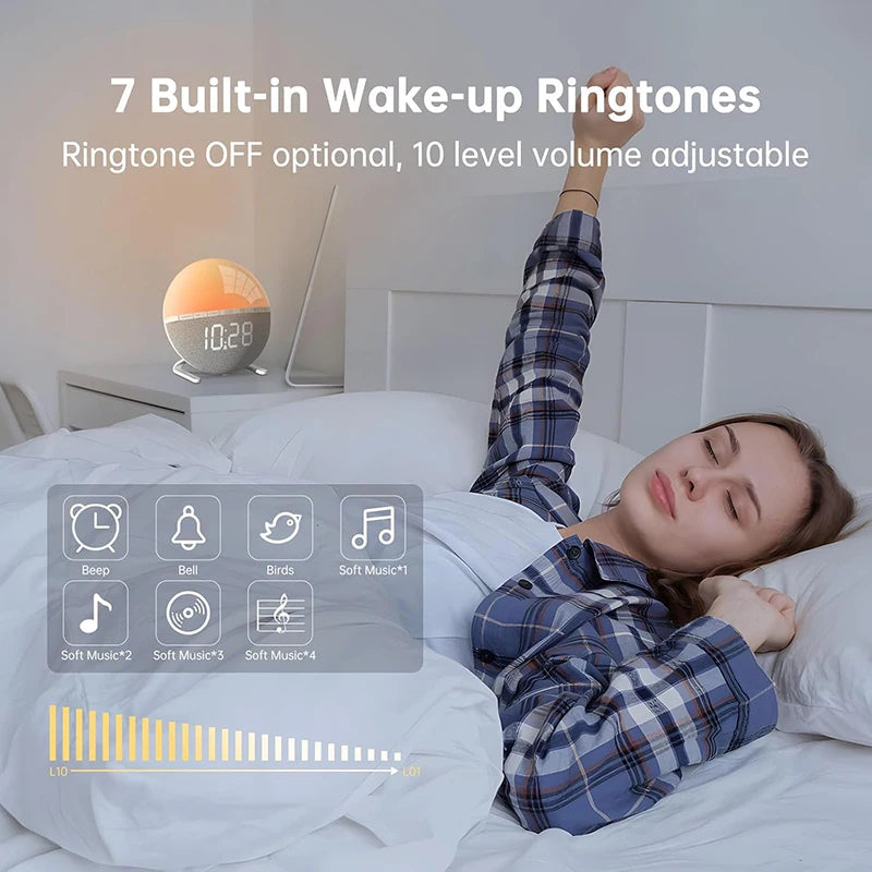 Sunrise Alarm Clock with Color Light and Natural Sounds - Wake Up Light for Bedroom & Living Room