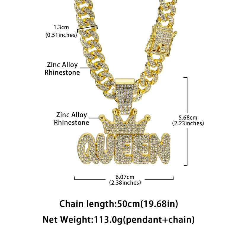 Men's Hip Hop Crown Pendant Necklace with QUEEN Letter Cuban Chain Bling Jewelry