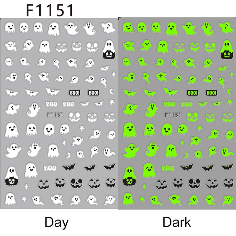 Glow-in-the-Dark Halloween Nail Stickers with Ghost and Pumpkin Designs - 2 Pieces