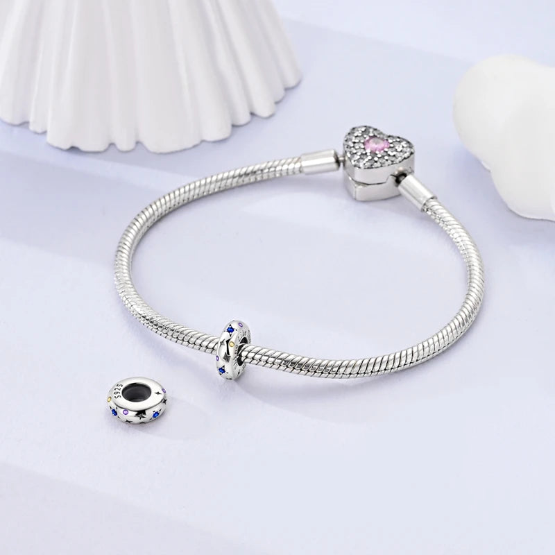 Sterling Silver Starry Sky Charm Bead with CZ Zircon for DIY Bracelets - Black & Green Options