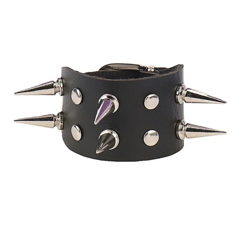 Adjustable Punk Rock Leather Bracelet Set with Spiked Studded Cuffs for Men Women 80s Emo Style