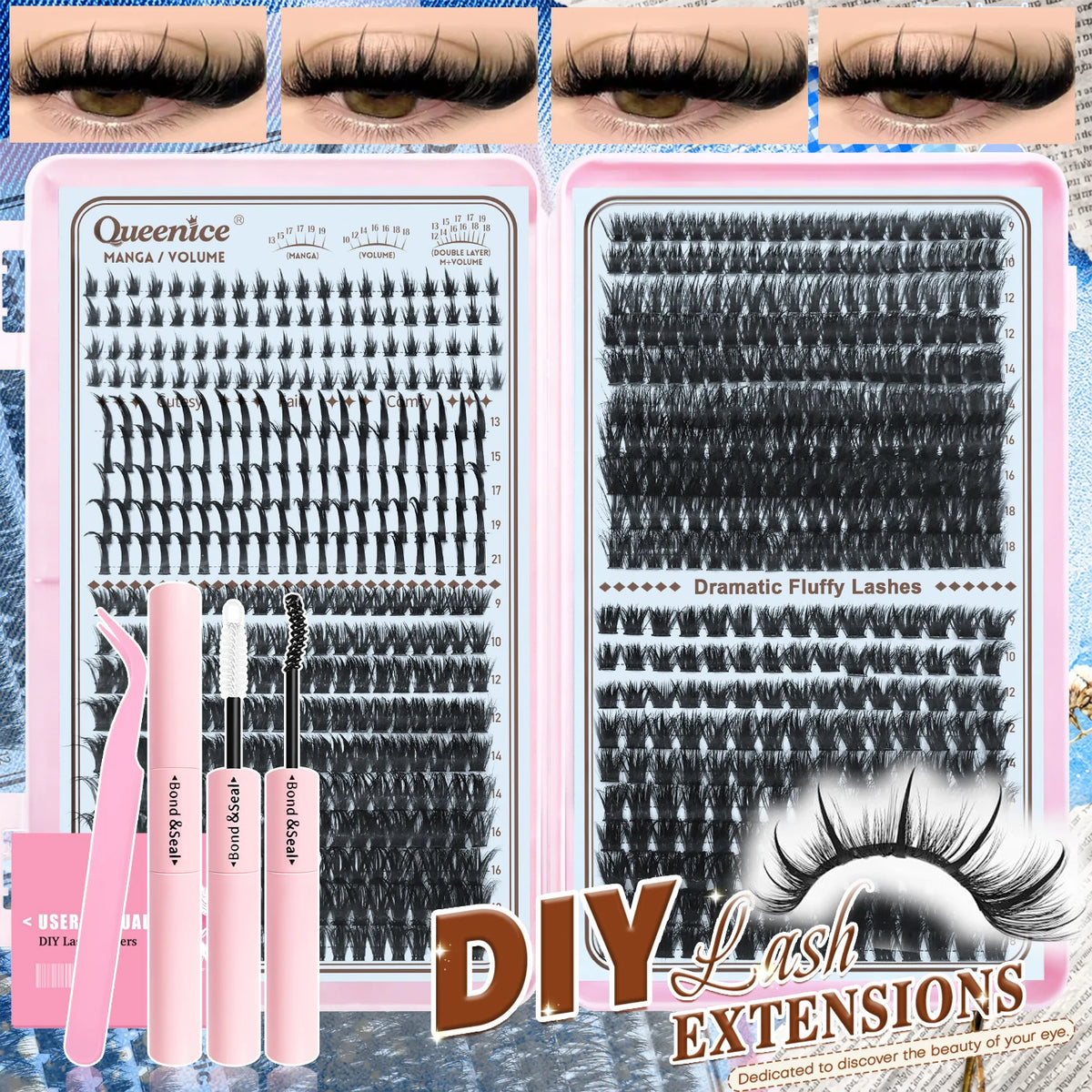 DIY Eyelash Extension Kit with Reusable False Lashes, Glue & Tweezers for Party & Stage Makeup