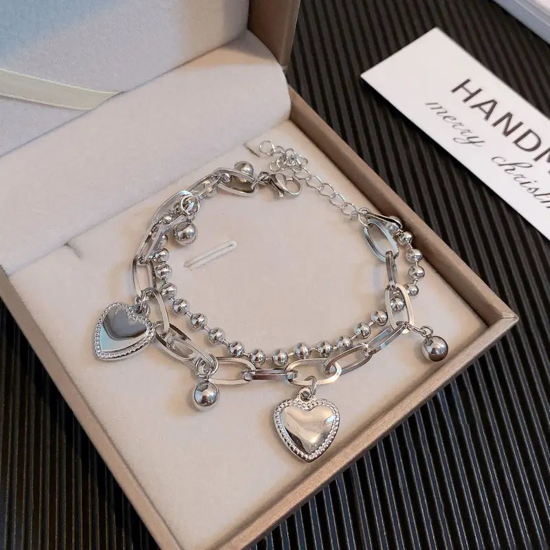 Korean Heart Tassel Bracelets for Women Double-Layer Beaded Chain Jewelry Gift