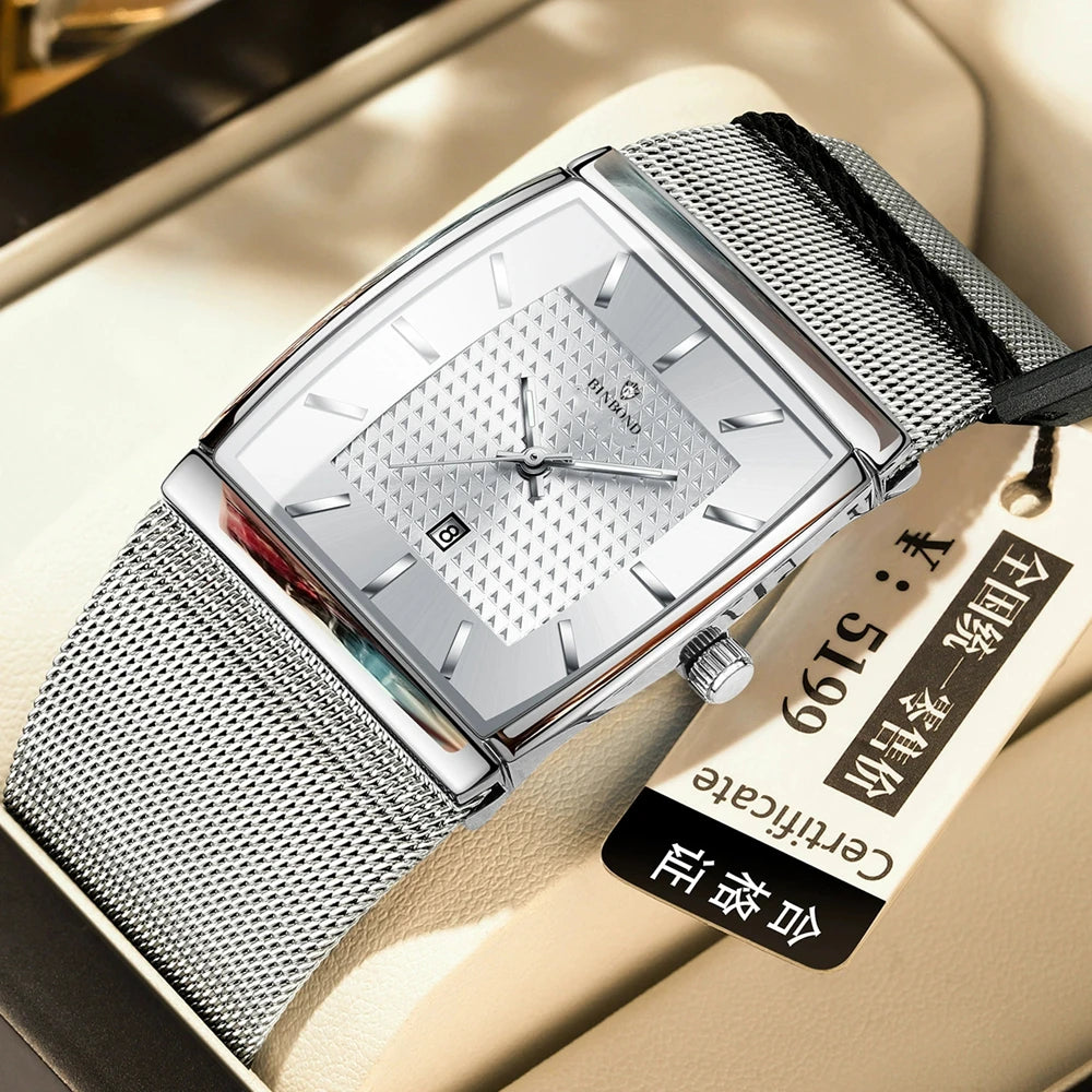 Luxury Square Quartz Wristwatch for Men - Rose Gold Automatic Blue Dial