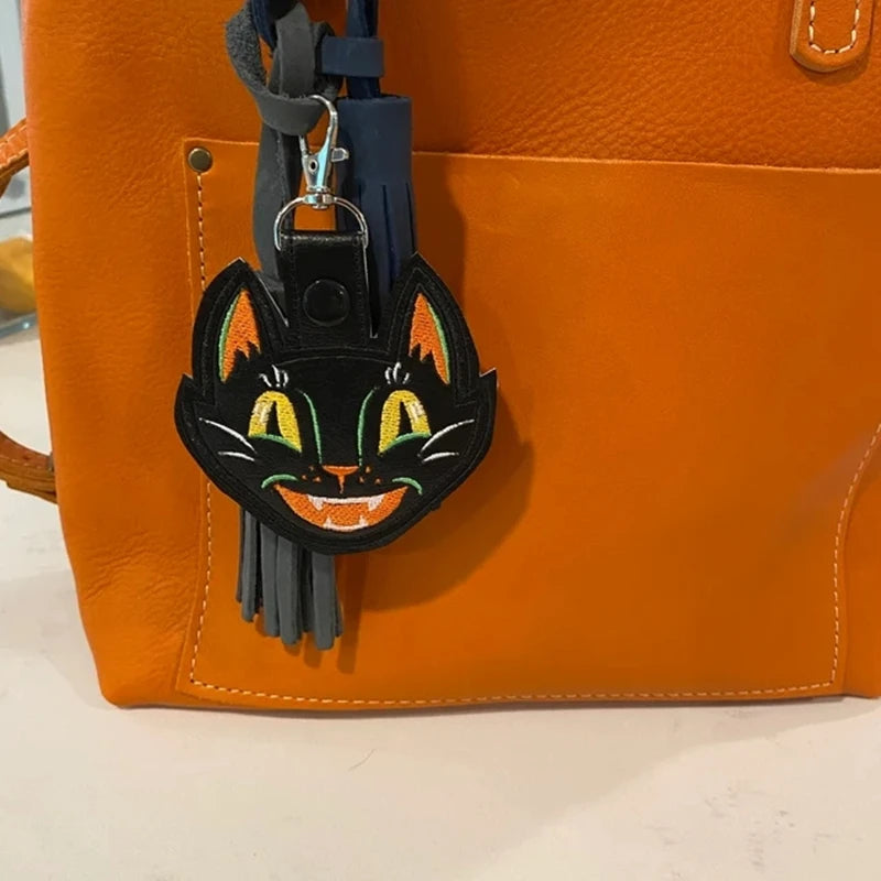 Vintage Halloween Black Cat Keychain with Embroidered Vinyl Design