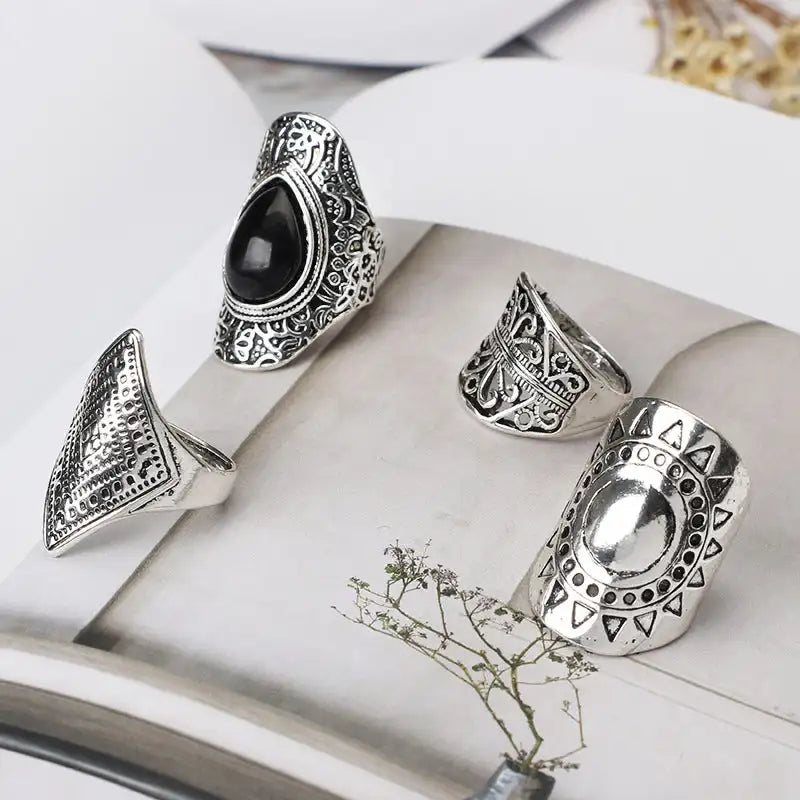 Vintage Silver Plated Boho Ethnic Midi Knuckle Rings 4-Piece Set Women Jewelry