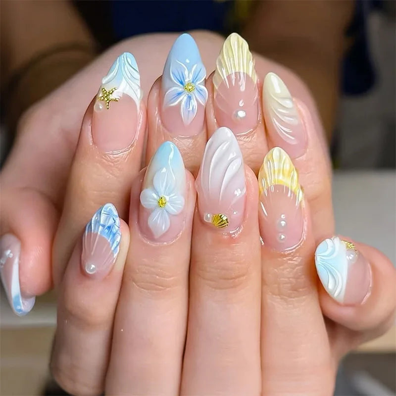 24Pcs Full Cover Nail Tips - French Almond False Nails for Manicure