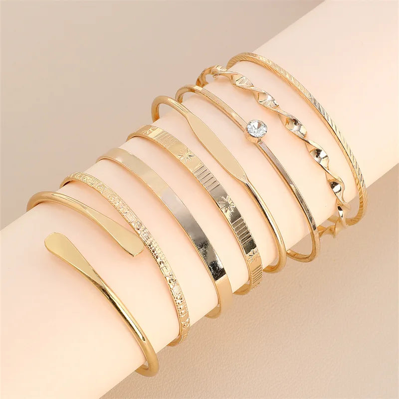 8-Piece Fashion Twist Texture Crystal Geometric Bangles Set for Women