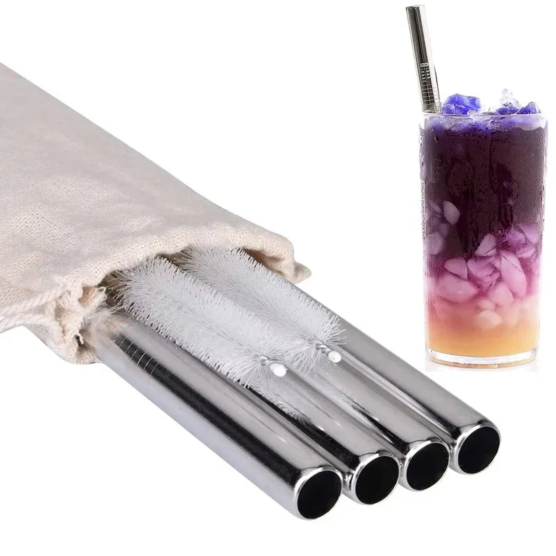 Reusable Stainless Steel Bubble Tea & Milkshake Straws with Cleaning Brush - Extra Wide 12mm Diameter