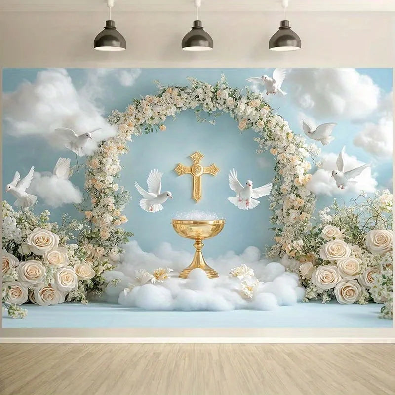 2D Wedding Banner with Golden Chalice, White Dove & Floral Arch - Party Decoration