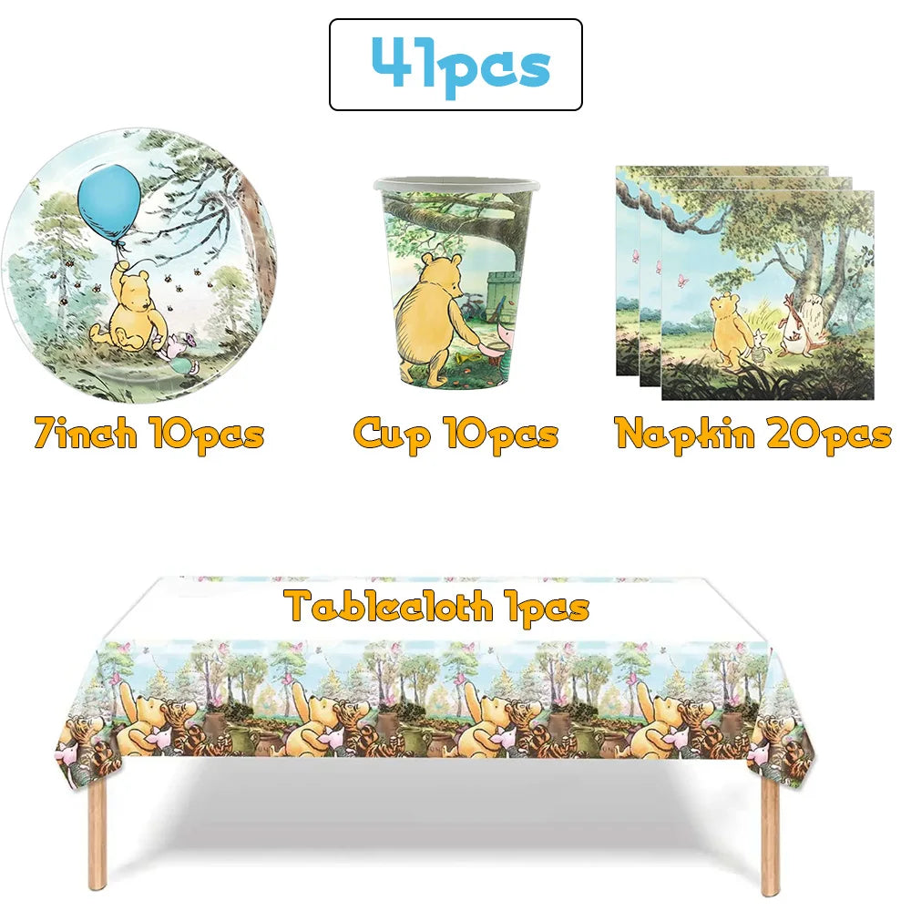 Winnie the Pooh Birthday Party Supplies Set – Disposable Plates Cups Napkins Banners for Kids & Baby Showers
