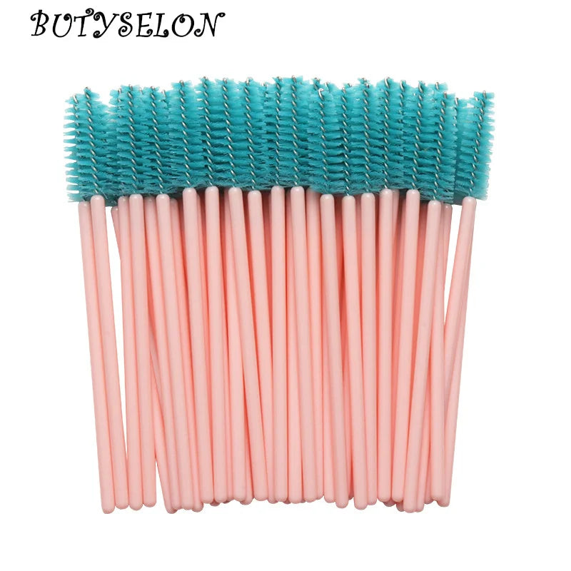 50pcs Disposable Nylon Mascara Wands with Blue Handles for Lash Extensions & Makeup