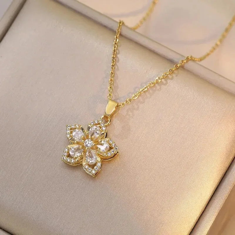 Luxury Zircon Flower Pendant Necklace for Women Gold Tone Chain Jewelry