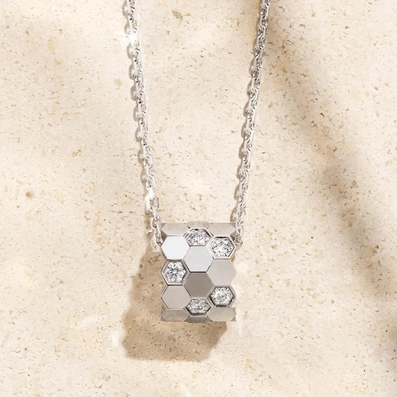 Sterling Silver Diamond-Studded 18K Gold Honeycomb Necklace for Women