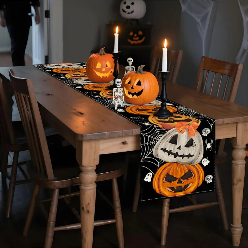 Bohemian Halloween Table Runner Decoration with Pumpkin Bat Skull Elements for Party Festive Decor