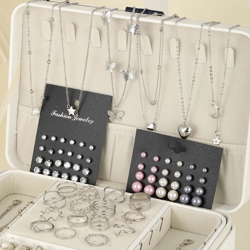 Vintage Jewelry Set with Imitation Pearls and Zircon Butterfly Pendant Earrings Necklace Ring Bracelet for Women