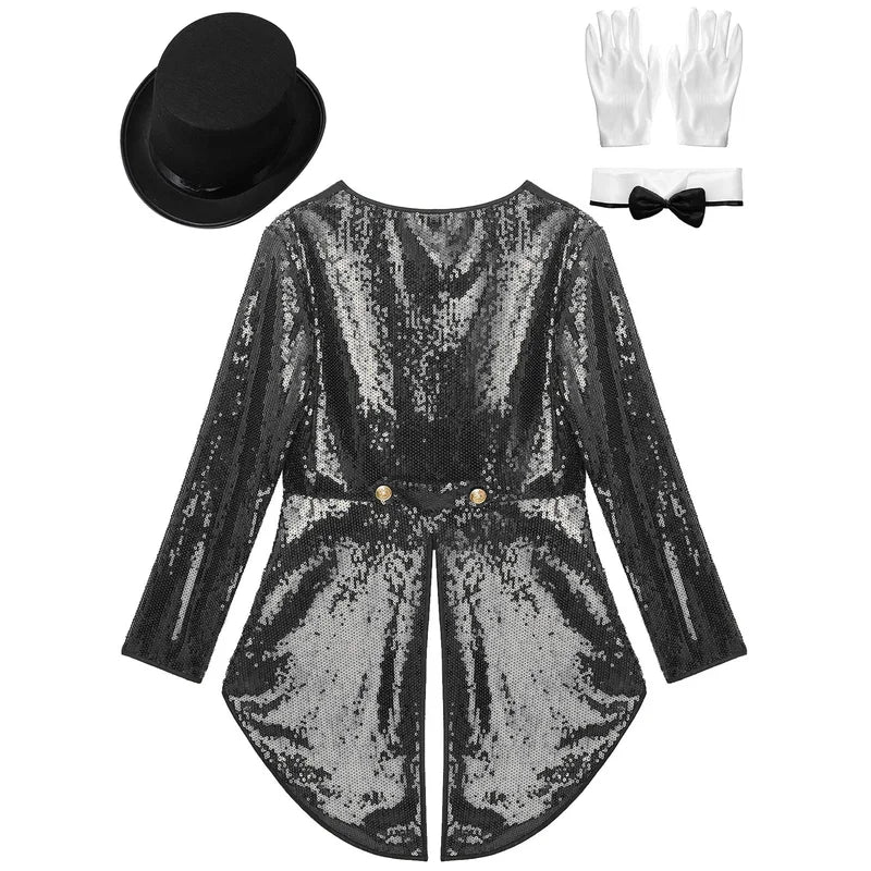 Women Magician Cosplay Costume Sequin Tailcoat with Hat Gloves for Halloween and Stage Performance